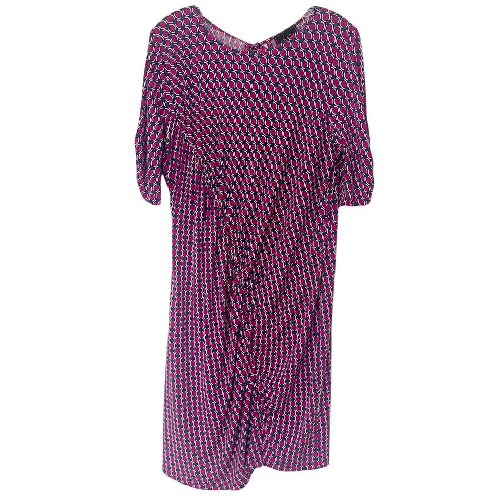 Amana Geometric Print Ruched Sheath Dress Pink Purple Stretch 1X Plus Size
